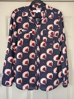 LOFT Navy Button-Up Blouse with Pink and Burgundy Floral Print Size Small